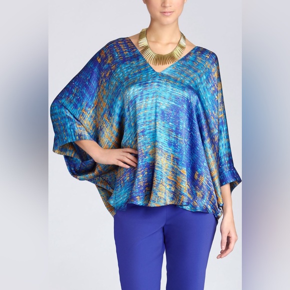 Josie Natori Yari Silk Patterned V Neck Butterfly Sleeve Top Blouse Caftan - Picture 1 of 8